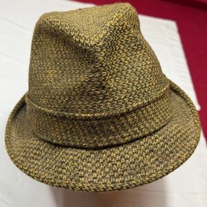 CHAMP OLIVE GREEN TWEED wool FEDORA TOP HAT tweed hat band pinched top 22” VTG